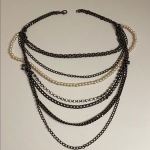 Dark chain, pearl, crystal layered necklace